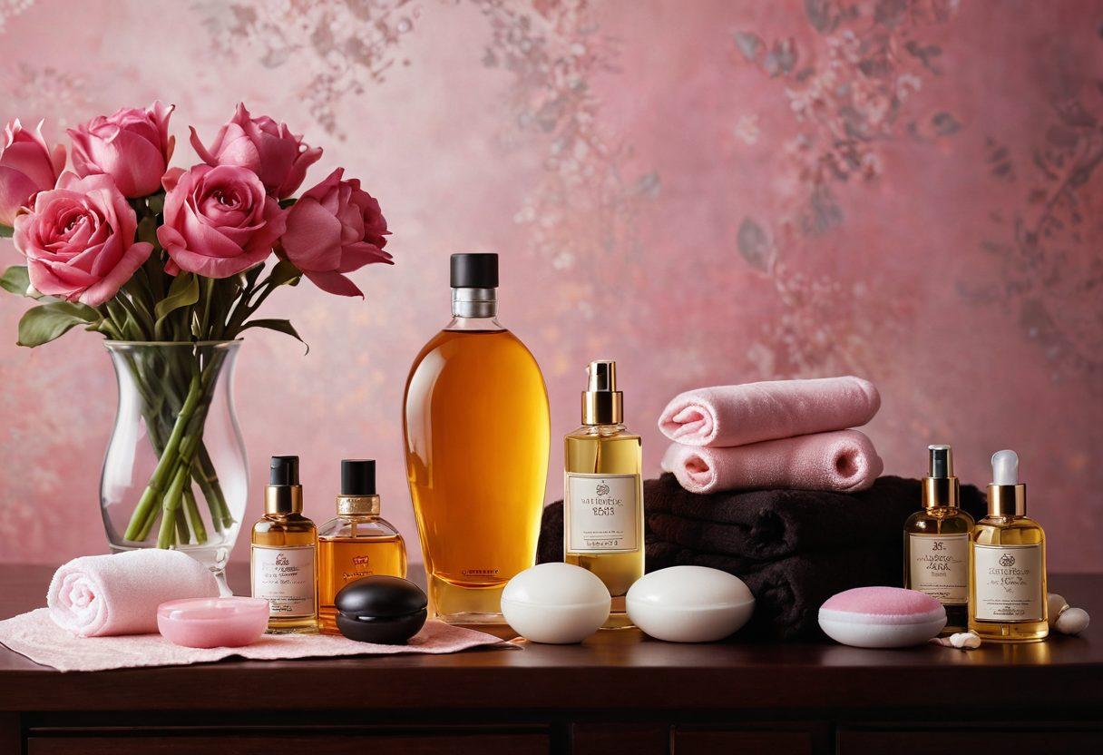 A beautifully arranged display of elegant adult novelty items, including luxurious massage oils, sleek vibrators, and alluring lingerie, all set against a soft, inviting background. Incorporate warm, sensual lighting that highlights the textures and colors of the products, creating an atmosphere of intimacy and exploration. Add subtle floral elements to enhance the sense of desire. A graceful yet playful touch in the composition. super-realistic. warm colors. soft focus.